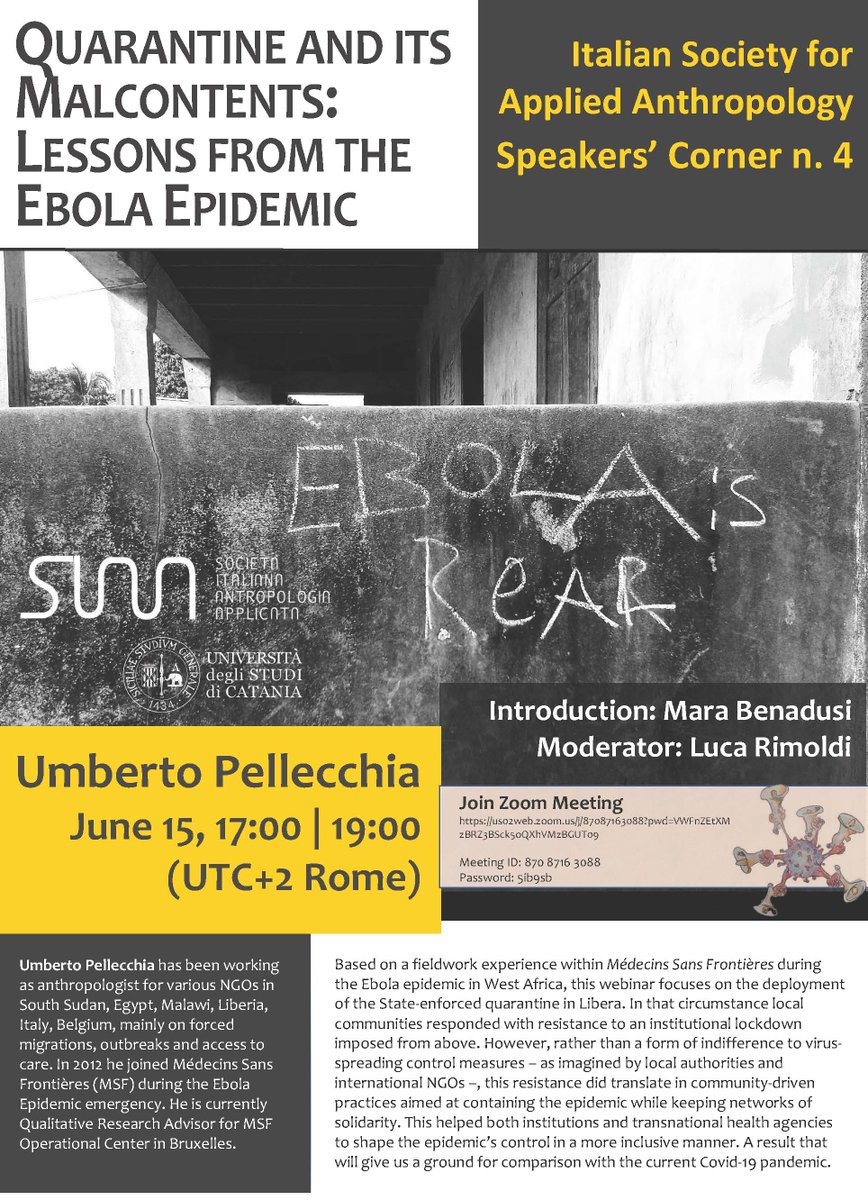 Coming up this Monday 15 June: webinar with LuxOR qualitative research advisor Umberto Pellechia on quarantine and its malcontents: lessons from the Ebola epidemic. Join on zoom or facebook agenda.unict.it/16405-quaranti…
