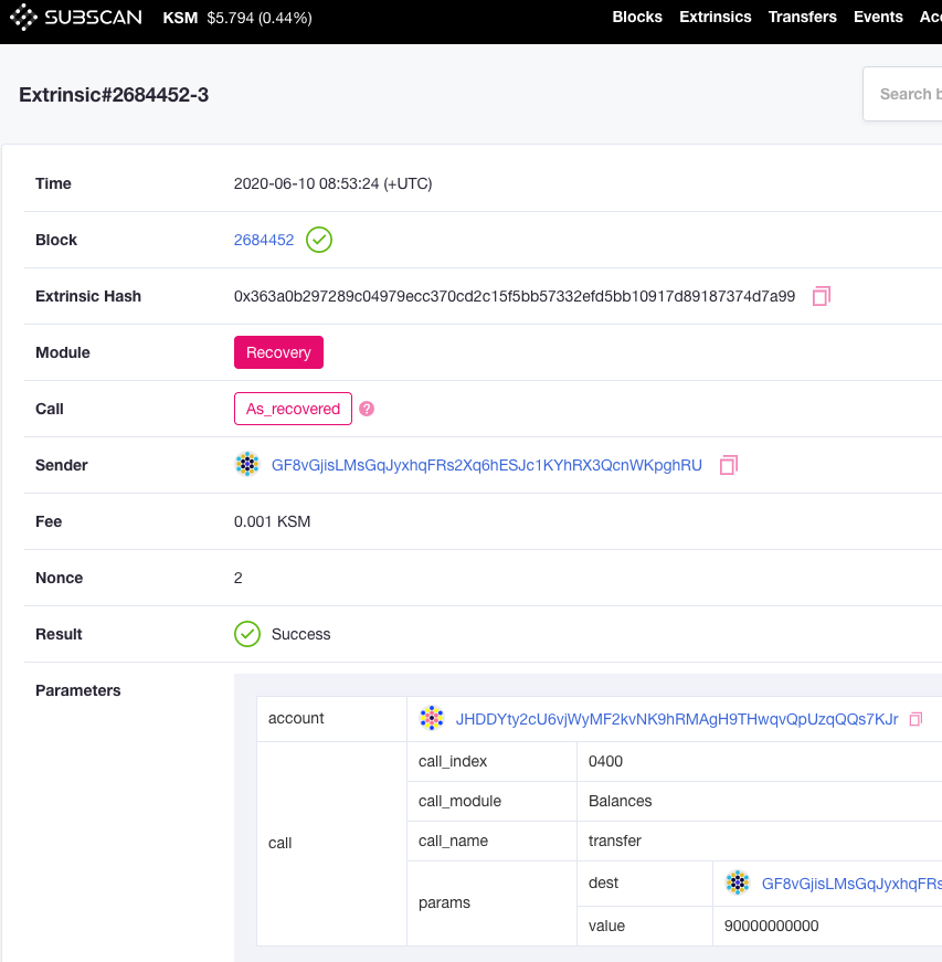 The first <a href="/kusamanetwork/">kusama</a> Tx sent through a recovered account from <a href="/polkawallet/">Polkawallet</a> . kusama.subscan.io/extrinsic/0x36…