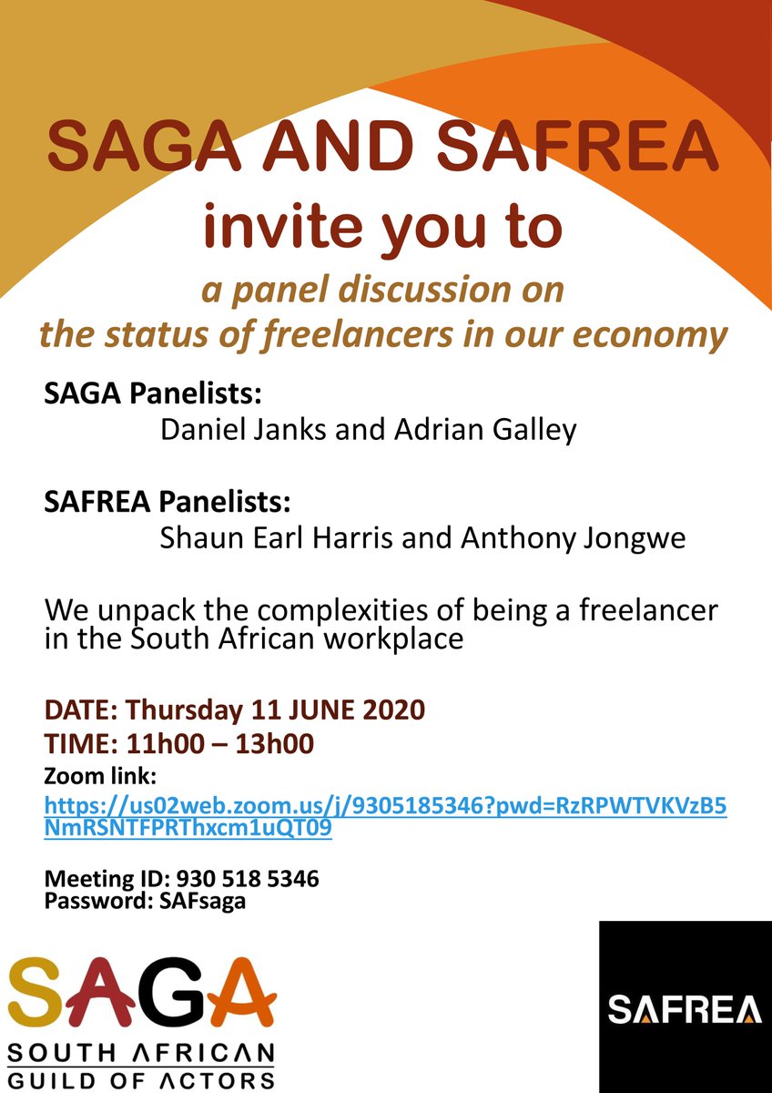 SAGActors's tweet photo. Join this webinar @SAGActors SAGA and @safrea as we unpack the complexities of being a freelancer in the South African workplace
DATE: Thursday 11 JUNE 2020
TIME: 11h00 – 13h00
Zoom link: https://t.co/LCApdqqv2B
Meeting ID: 930 518 5346
Password: SAFsaga
#IamActorSA #Freelancers https://t.co/5dqOp7wF6w