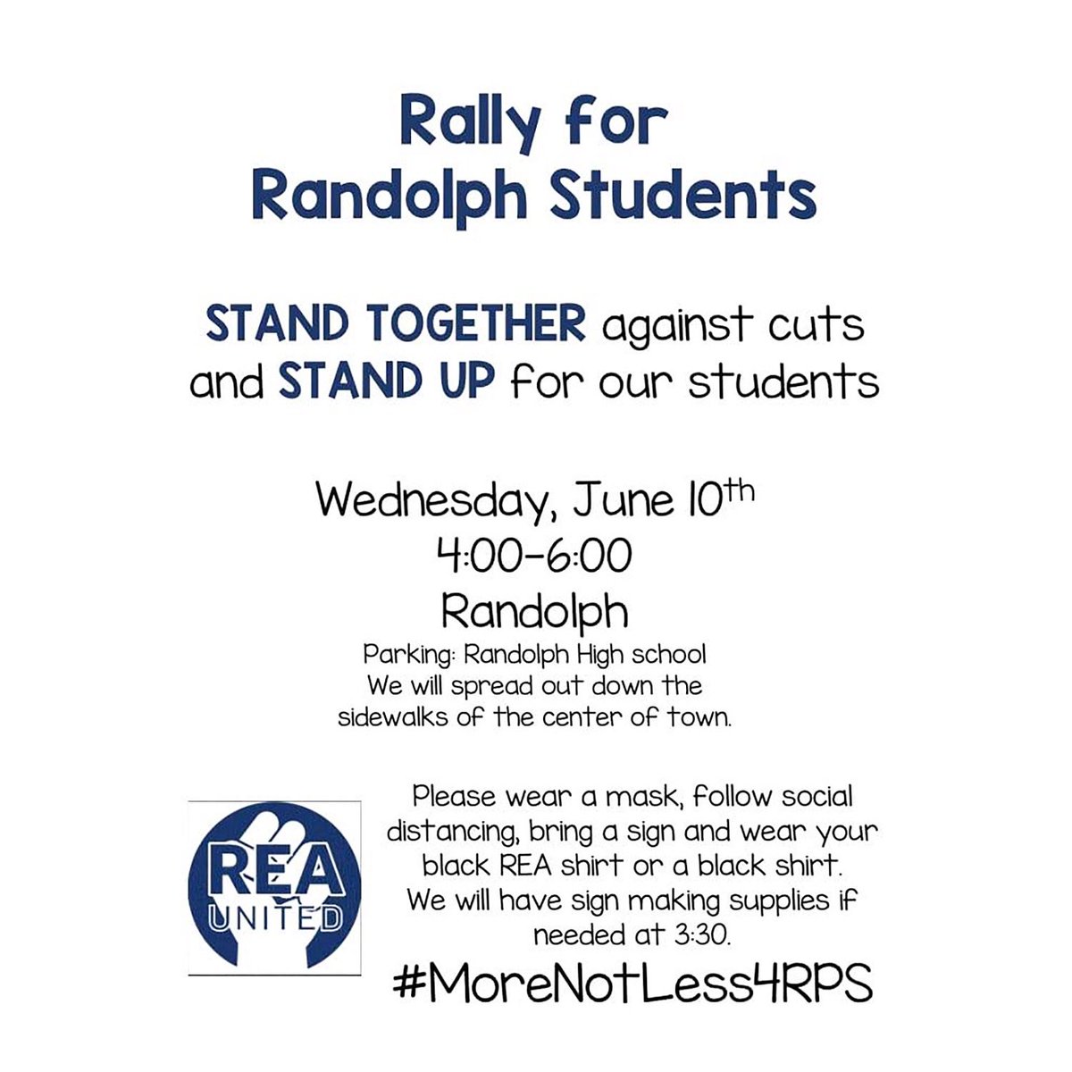 rhsclassof04's tweet photo. Rally for #students and #teachers of #randolphpublicschools today, 6/10 starting with sign-making at 3:30pm at #randolphhighschool parking lot and from 4:00-6:00pm in #randolphma center. More details at link in bio. #morenotless4rps https://t.co/h3zLO1YvOo