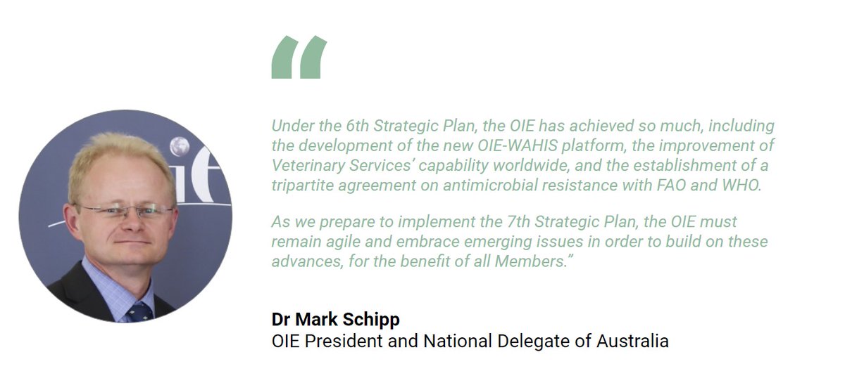 WOAH's tweet photo. For #OIE President Mark Schipp, "the OIE must remain agile and embrace emerging issues for the benefit of all Members". Discover the OIE's accomplishments &amp; perspectives, read #TheirHealthOurFuture now! 

Download the report to read the full testimonial: https://t.co/yJDIJpW3Iq https://t.co/hXh6Kd0vY4