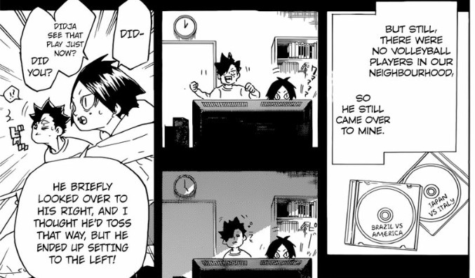 Then Kuroo saw Kenma's interest in volleyball tactics, so he urged him to become a setter, citing it as a perfect position for a strategist and not having to move around that much. 
