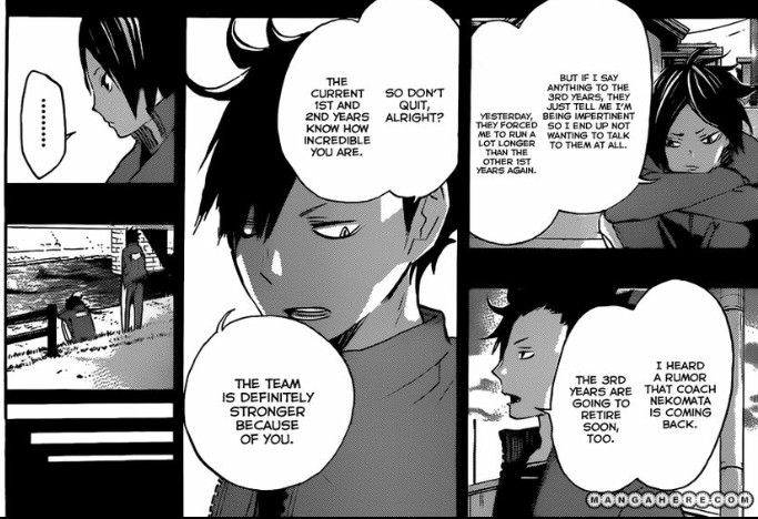 During Kenma's first year of high school, he had trouble fitting into the team but Kuroo encouraged him to stay by telling him that he is a big asset to the team. 