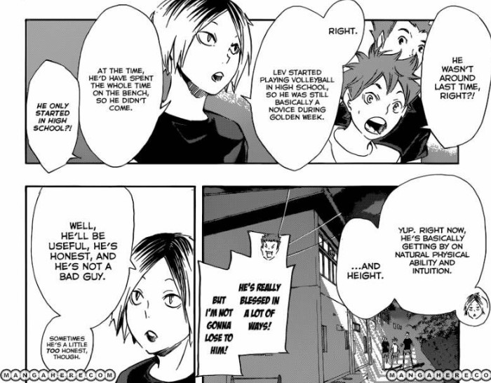 Kenma and Lev are seen to be working together to perfect the timing of Lev's whip spike attack. It is mentioned by Kenma that Lev's technique is almost nonexistent and that his attacks are sloppier than Hinata's. 