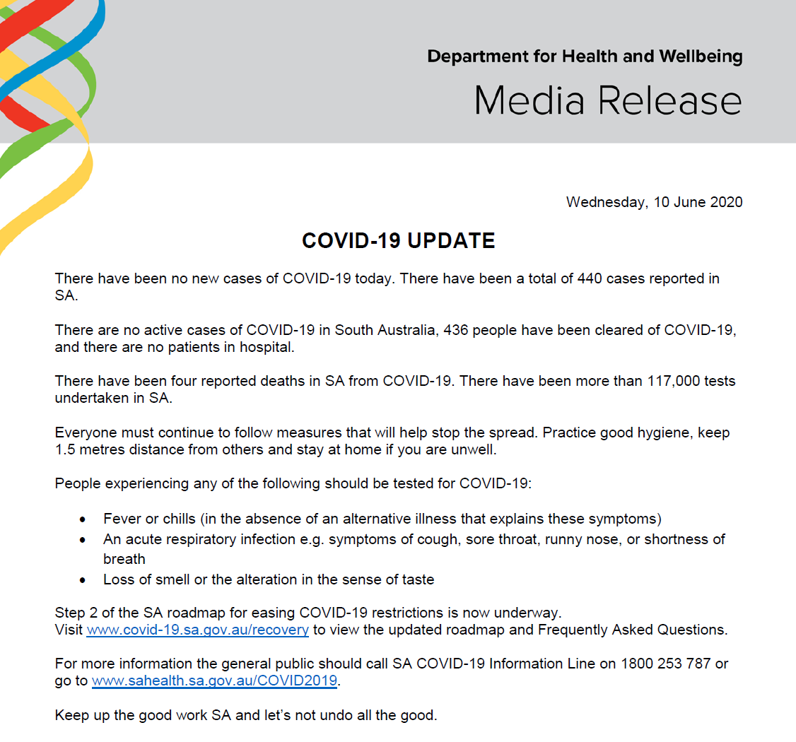 SAHealth's tweet photo. South Australian COVID-19 update 10/06/20. For more information go to https://t.co/mYnZsG7zGQ or contact the South Australian COVID-19 Information Line on 1800 253 787. https://t.co/jKQ1dVjwBt