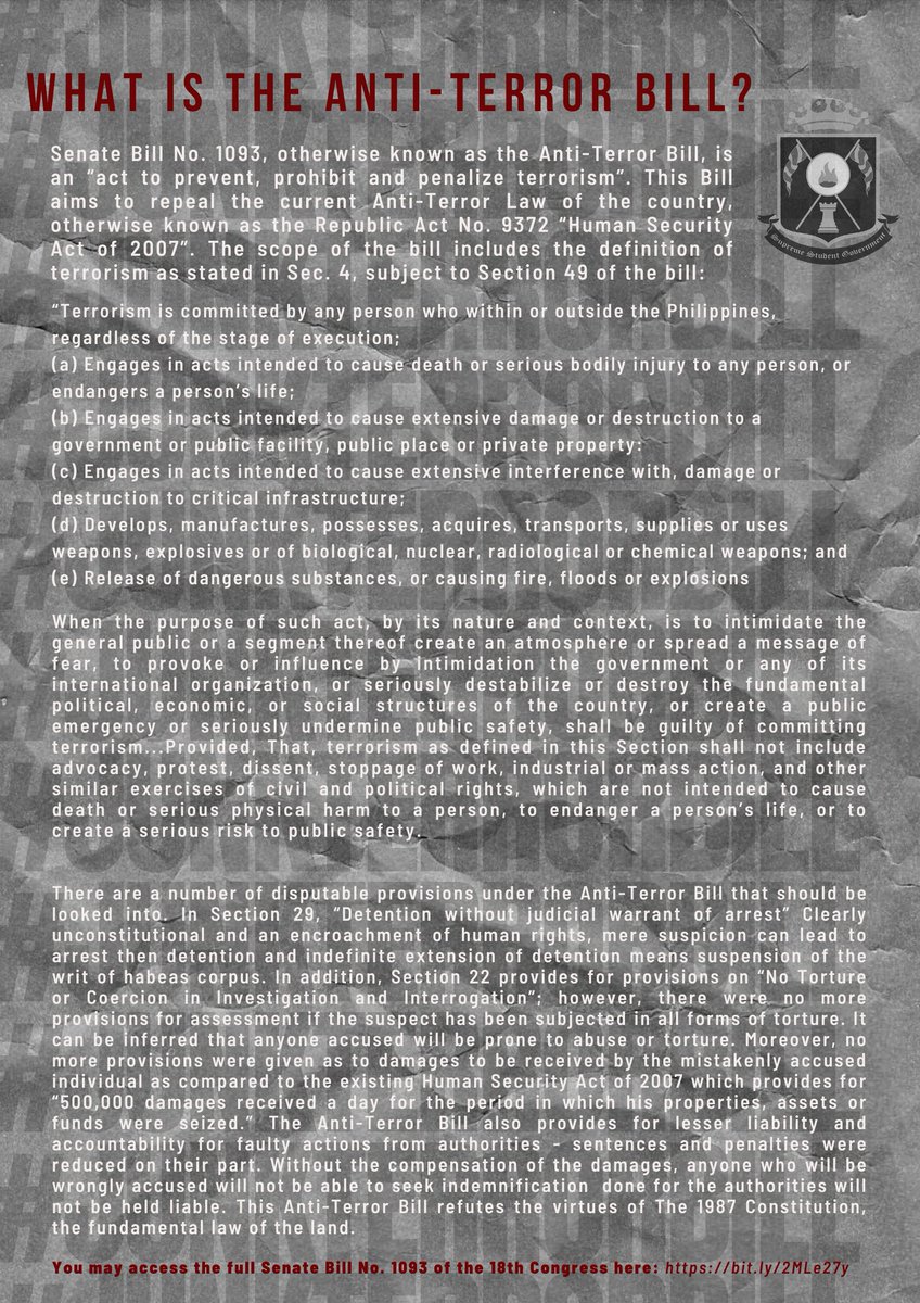 adnussgofficial's tweet photo. #AdKNOW

Official Statement of ADNU-SSG on the Anti-Terror Bill:

"Ang Anti-Terrorism Bill ay naglalayong takutin at patahimikin ang mga Filipino. Patuloy nating ipaglaban ang ating kalayaan. Huwag tayong pasisiil."

#JunkTerrorBill
#MassTestingNotMassTerror
#HandsOffOurStudents https://t.co/NqJ4GxMWPM