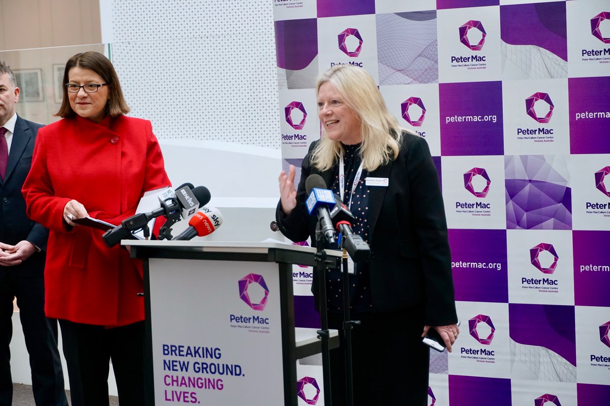 PeterMacCC's tweet photo. Today Peter Mac's Chief Executive Dr Shelley Dolan and Professor @declangmurphy joined @JennyMikakos for a very important press conference to urge Victorians not to put off seeing the doctor during this time. Tune in to the news tonight or read more: https://t.co/slAMAuqOEe https://t.co/l8raVqbBW0