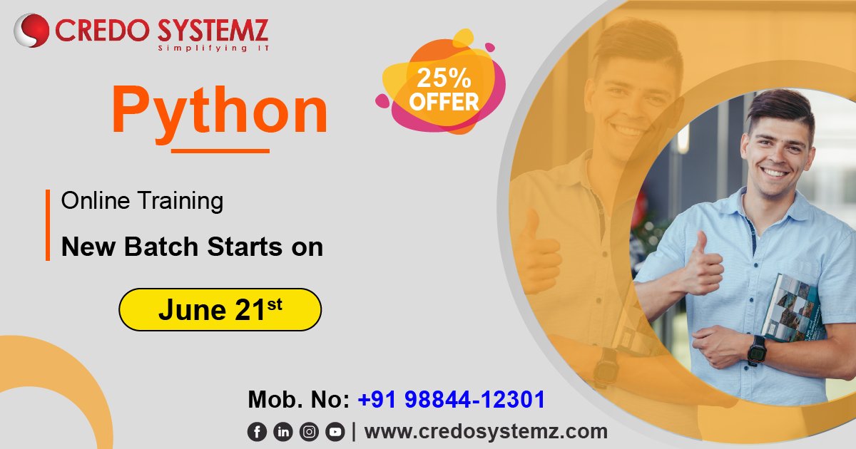 credosystemz's tweet image. Python online certification course now with 25% off!! Upskill yourself during this Quarantine.
Course Syllabus: bit.ly/2VMr4XR
#Python #PythonOnlineCourse #Lockdownoffer #Specialoffer #PythonNewBatch #QurantineOffer #Technology #StayHome #Chennai #CredoSystemz
