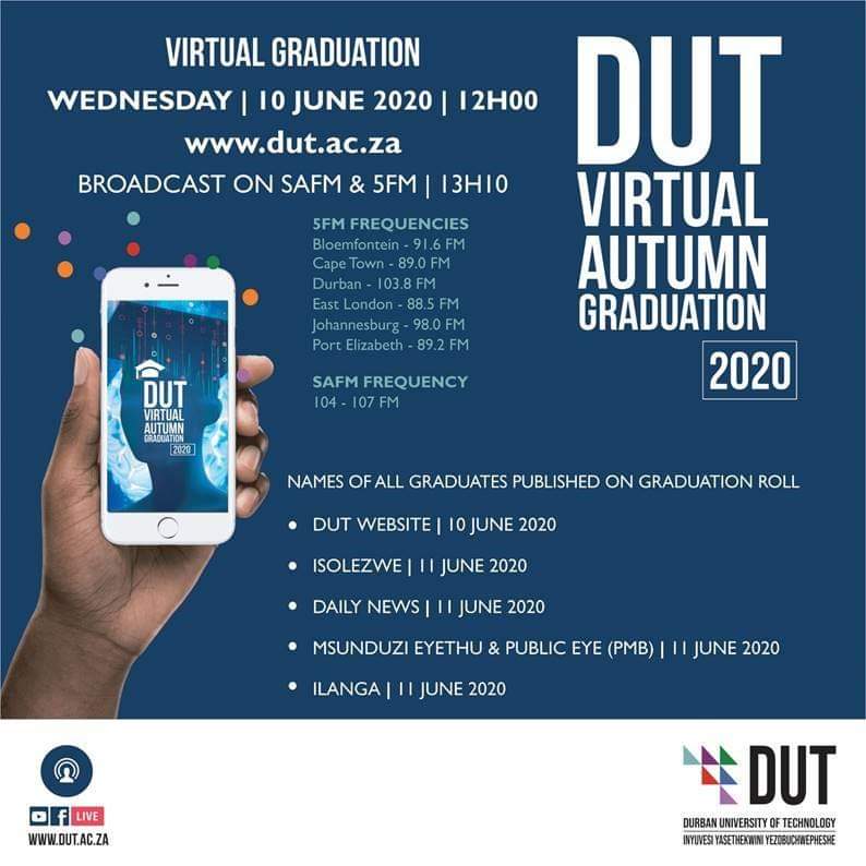 SydenhamStekkie's tweet photo. I'll be tuning in during my lunch break. Congratulations to the new cohort of graduates from DUT!
#Graduation2020
#DUTGrad https://t.co/jWvnyfrMPY