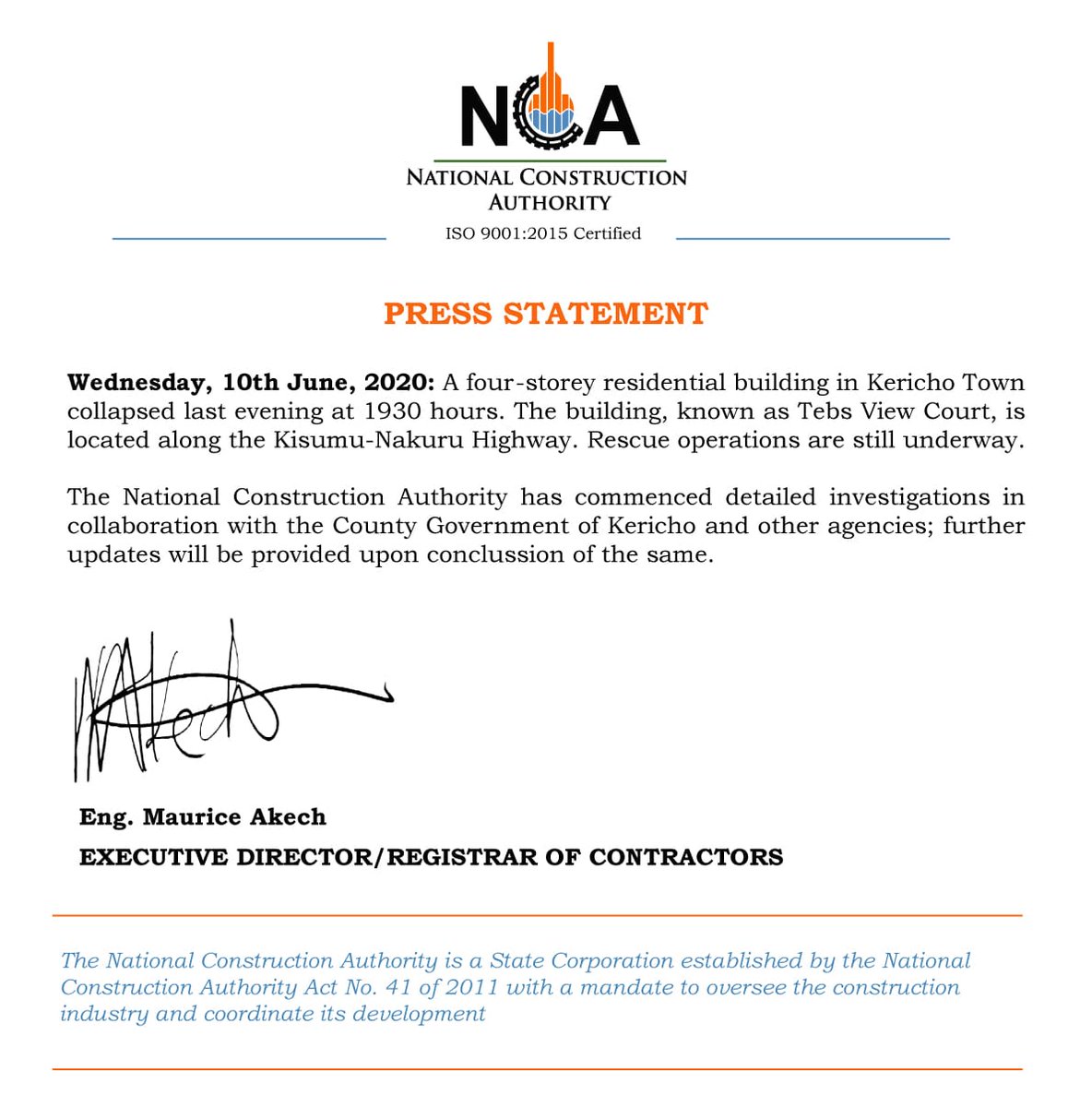 Statement on Kericho incident. ^ba