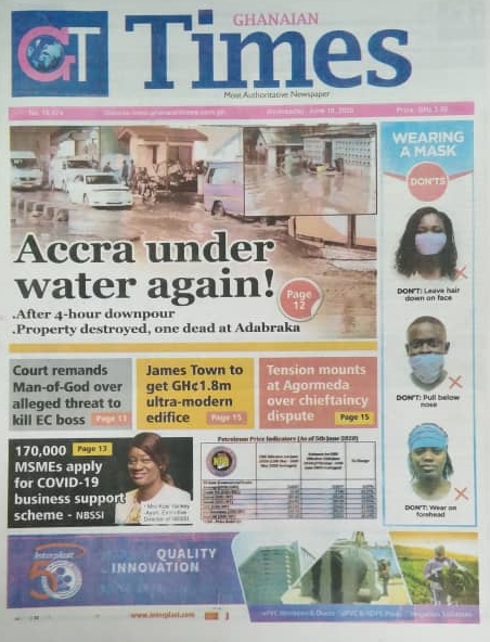 tv3_ghana's tweet photo. Ghanaian Times:

📍Accra under water again after 4-hour downpour

📍Court demands man-of-God over alleged threat to kill EC Boss 

#TV3NewDay https://t.co/1eHxmqoic2