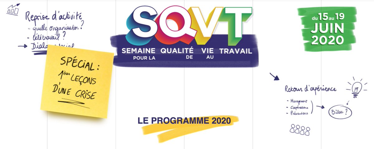 #Agenda 📅 Du 15 au 19 juin, c'est la semaine pour la qualité de vie au travail #SQVT2020. Retrouvez le programme de l'
<a href="/Anact_/">Anact</a> pour une édition spéciale 1ères leçons d'une crise.  👉semaineqvt.anact.fr/le-programme