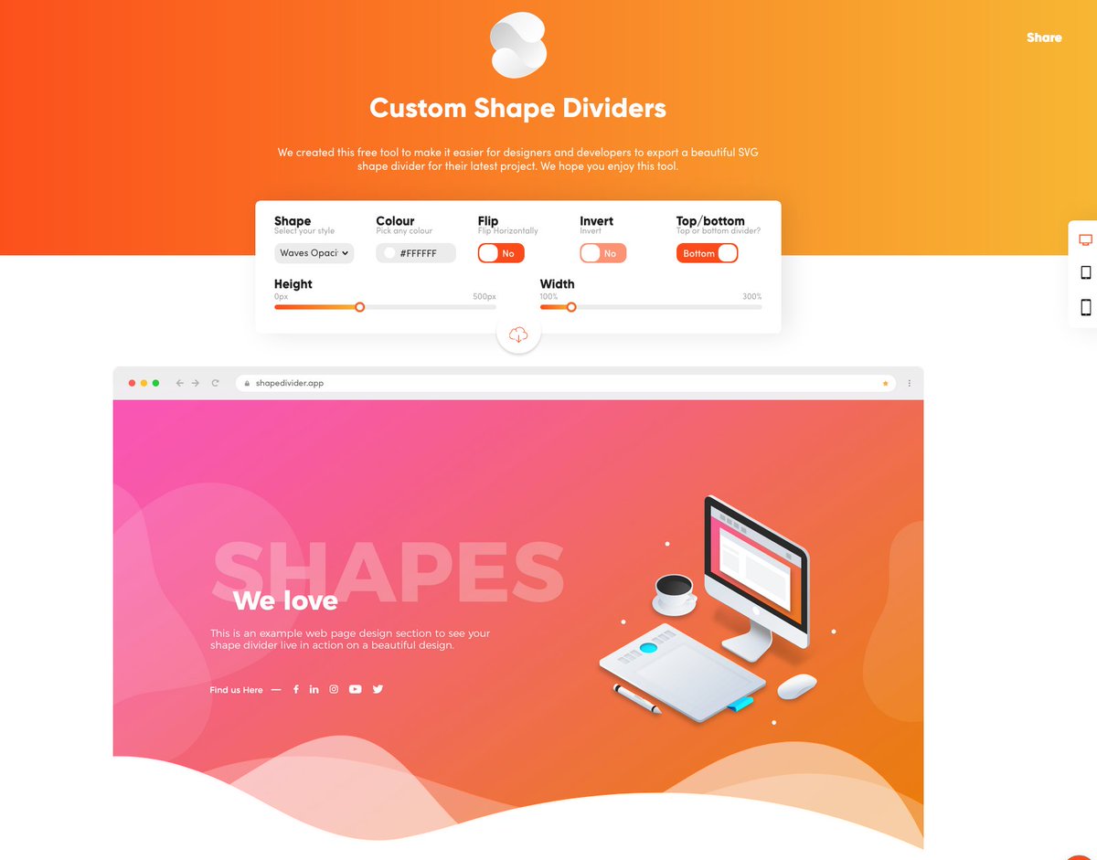 WalterStephanie's tweet photo. #SVG #CSS #Tool
🔥 Custom Shape Dividers, an online tool to generate some HTML, SVG and CSS code for different types of dividers (waves, curves, arrows, etc). 
https://t.co/ntJoRC4Vak https://t.co/n8KBbSn5kq