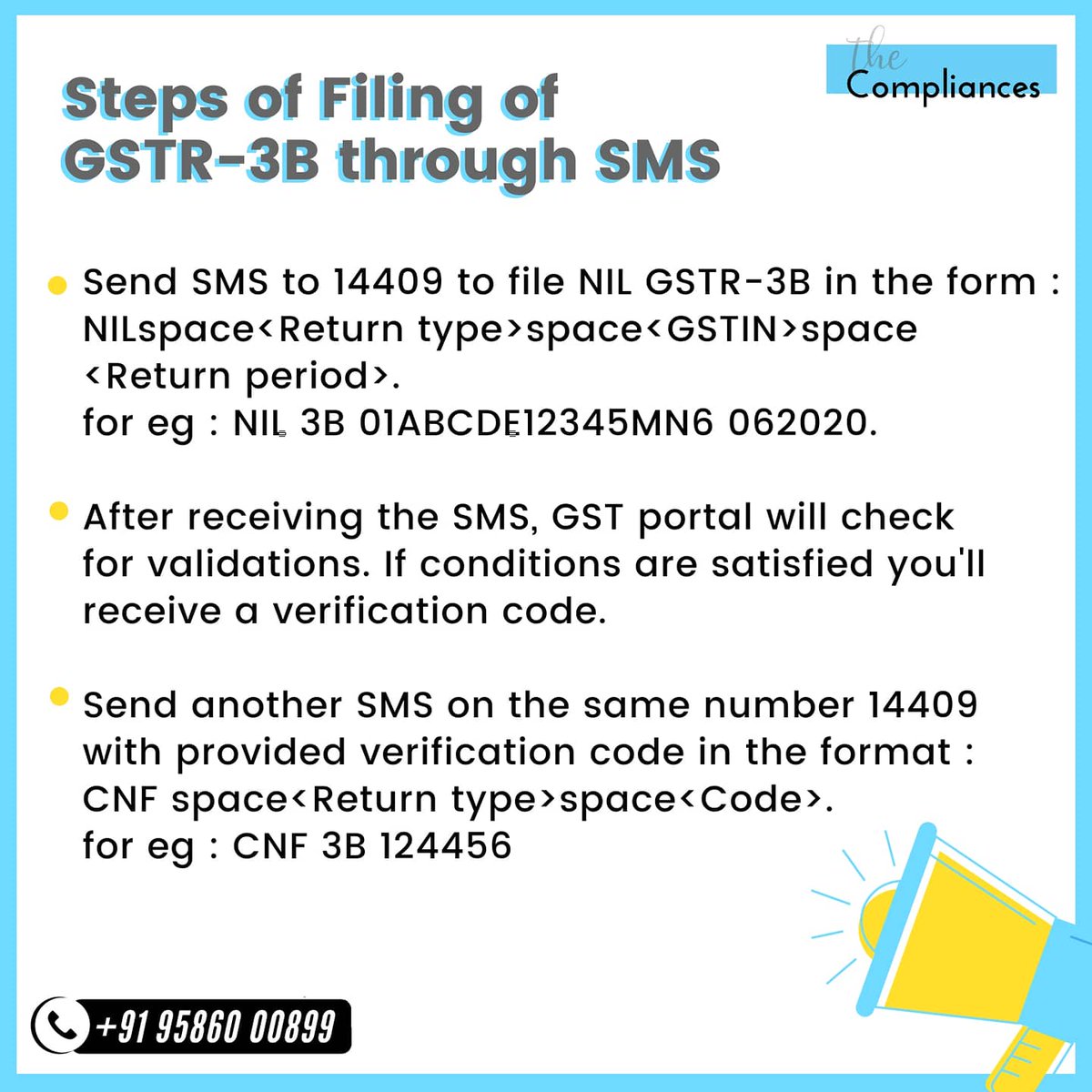 thecompliances's tweet photo. From today, Government has started the facility of filing NIL GSTR-3B return through SMS. Over 22 Lakhs registered tax payers are expected to be benefited by this move.
Swipe for more information and steps-
#gst #gstrfiling #nilreturn #thecompliances #GSTR3B https://t.co/5MAaiUd4cW