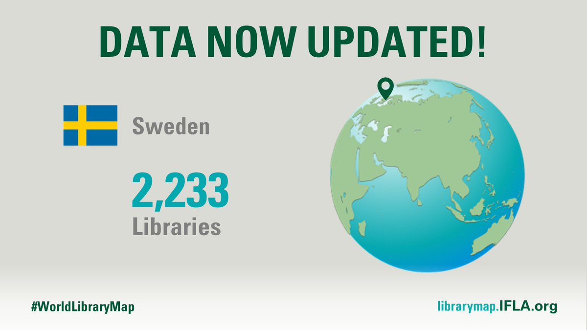 IFLA_LibraryMap's tweet image. Updated #LibraryData for #Libraries in #Sweden 🇸🇪 is now available in the @IFLA #WorldLibraryMap. 
Thank you @kungbib for this contribution!
Check this #data and much more at: bit.ly/2KXFL51