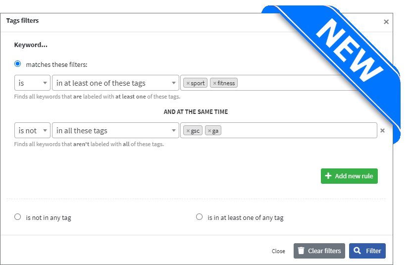 collabim's tweet photo. We are introducing advanced keyword filtering by tags. Now you can easily combine multiple conditions to achieve the desired result! Look into our application or at the example below to see, what the new options you have are. https://t.co/PTI9d0AxaN