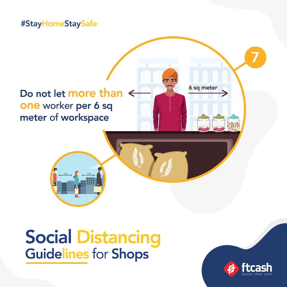 Social distancing guidelines for shops-
Do not let more than one worker per 6 sq meter of workspace #TakeCareofYourself #StayHomeStaySafe