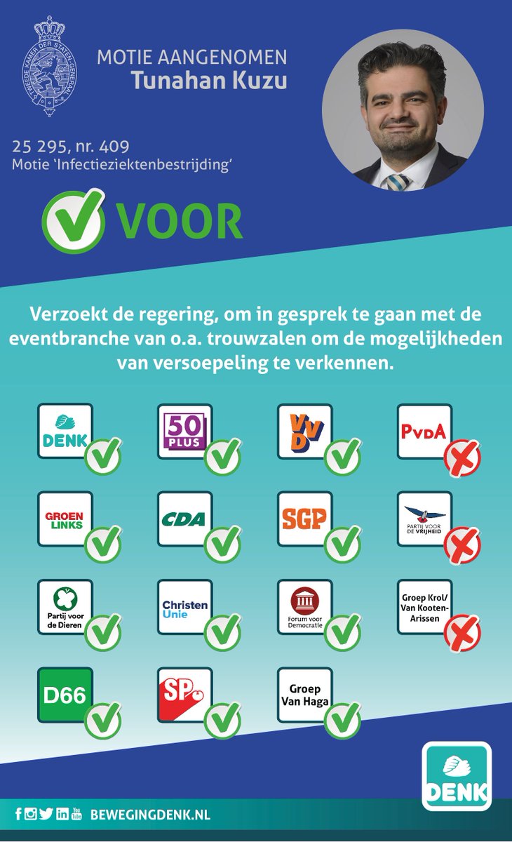 #DENK #Motie aangenomen. 👏💪

Ook de eventbranche van o.a. #trouwzalen moet ruimte krijgen om binnen de geldende maatregelen activiteiten te hervatten. 
Daarom moet de regering in gesprek met deze branche om de mogelijkheden van versoepeling te verkennen.