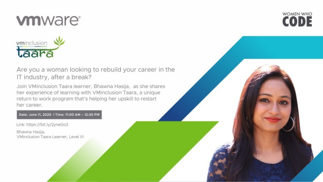 devkumarprabhu's tweet photo. Join #VMinclusionTaara learner, Bhawna Hasija as she shares her experience on upskilling in the latest digital transformation technologies with #VMinclusionTaara and her plans to restart her career after a break. Register: https://t.co/swqH8d97AO #TaaraInYou #WWCode https://t.co/qcZTMqDK9T