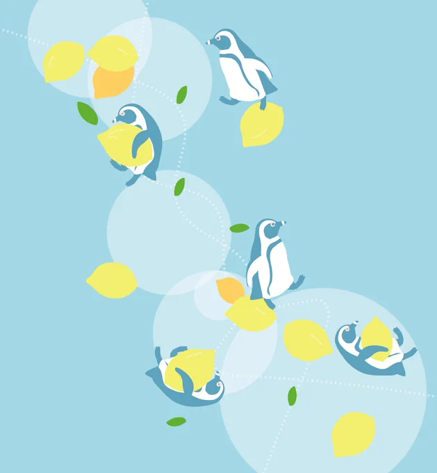 暑いので爽やかな感じのを描きました#ペンギン #penguin #ケープペンギン #レモン 