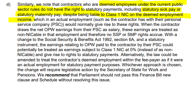 StopIR35's tweet photo. One of the scandalous realities of #IR35 Zero Rights Employment as illustrated by @ICAEW in their Finance Bill Submission

Off-Payroll claims to make the system 'fairer'

Paying employers &amp; employees NIC with no Statutory Sick Pay or Maternity Pay

@Jesse_Norman 
@wesstreeting https://t.co/IzQiiqXROw