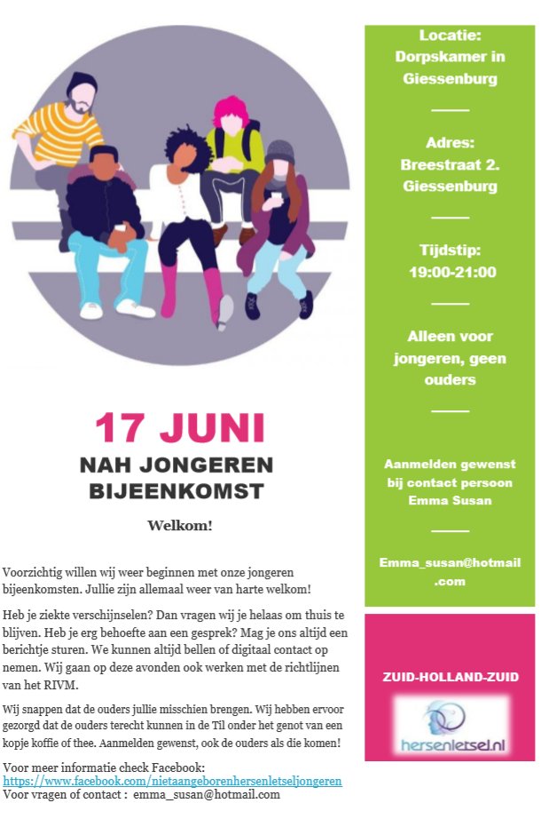 Hersenletsel.nl Zuid-Holland kan weer een bijeenkomst voor jongeren met hersenletsel organiseren, uiteraard houdend aan de richtlijnen van het RIVM. Mooi om weer te kunnen starten met deze bijeenkomsten !