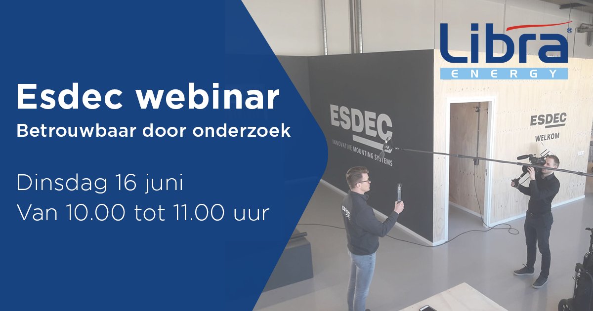 LibraEnergyNL's tweet image. Het installeren van een betrouwbare #PV-installatie is van groot belang. Ontdek tijdens dit webinar op welke onderwerpen de systemen van #Esdec worden getest om jou van de juiste kwaliteit te voorzien. 

Meld je nu aan voor dit #webinar:
ow.ly/f2bM50A3FeU
