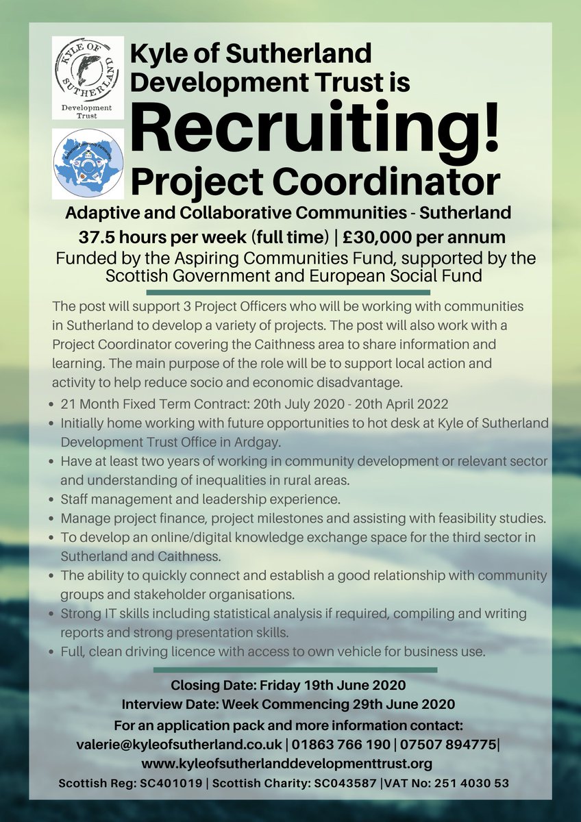 KOSutherland's tweet image. We are recruiting for four new posts! Working across #Sutherland to support local groups to deliver projects that will tackle current challenges and help to reduce inequalities as identified by the #communities themselves. Closing Date: 19th June 2020