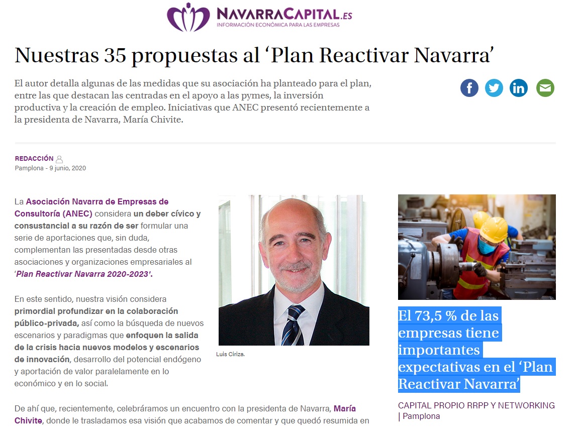 ANEC_Navarra's tweet photo. El 73,5 % de las empresas tiene importantes expectativas en el ‘Plan Reactivar Navarra’ según muestra @NavarraCapital. Un plan al que ANEC ha sumado 35 medidas que considera claves para esa recuperación y que Navarra Capital resume aquí 👉 https://t.co/NmRqsQ4sqc #navarra https://t.co/7swPELUQ8C
