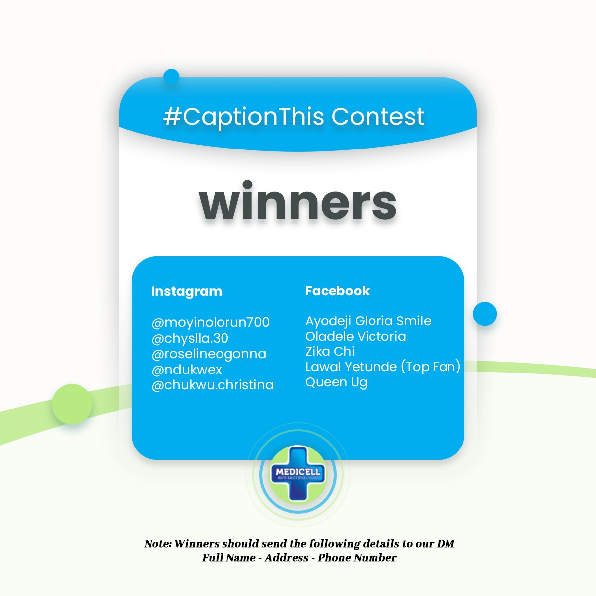medicell_ng's tweet photo. Congratulations to the WINNERS for our last week contest. Everyone did well!. Keep active on our page for more hygiene tips and home care hacks! Follow @medicell_ng for more.

#medicellprotects #familyprotector #giveawaywinner https://t.co/Z9jgYTqo5v