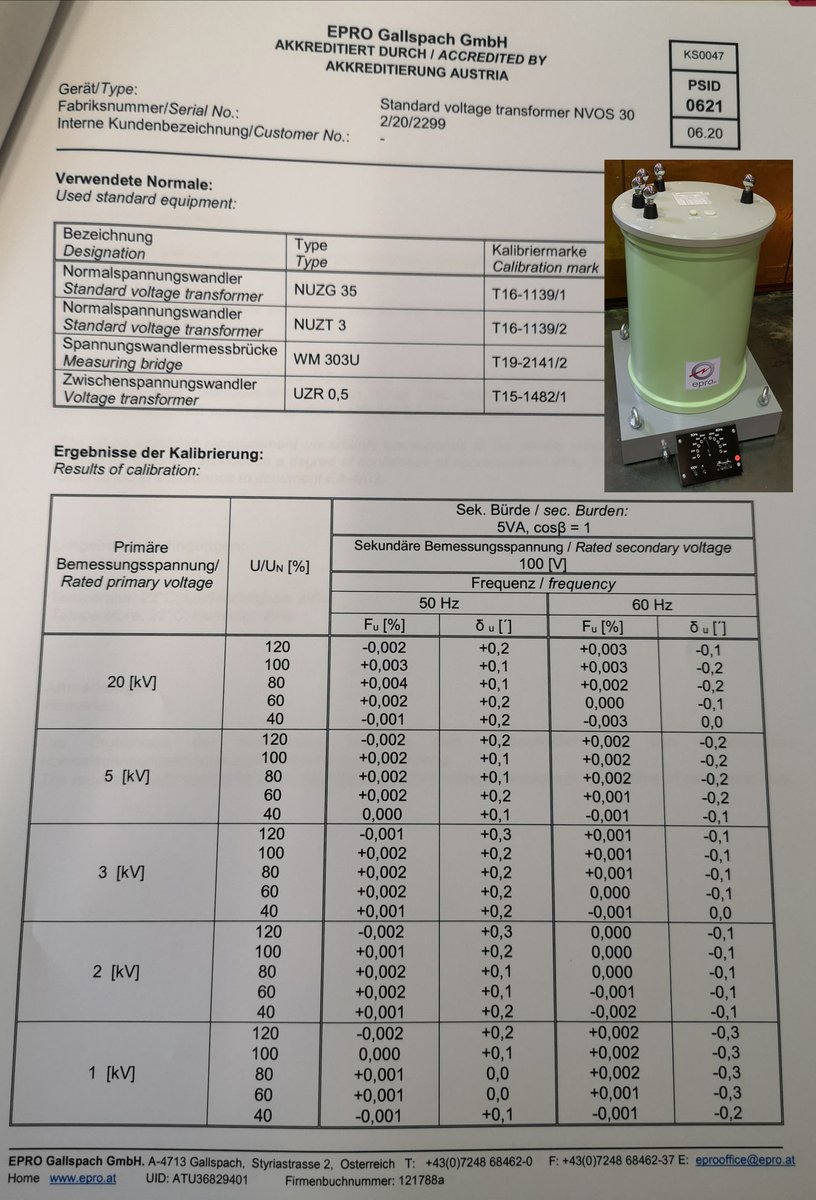 EproGmbh's tweet image. Look at this accuracy!
NVOS 30- Standard Voltage Transformer, Calibration finished, ready for shipping.
#eprogallspachgmbh #epro #highstandardsinhighvoltage #highvoltage #standardtransformer