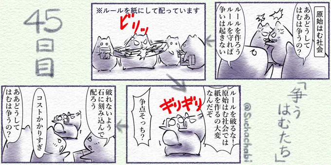 45日目 原点に返って考えてみましたシリーズ
ー争うはむたちー
#4コママンガ  #4コマ #落書向上委員会
どうして人は争うのかを原始はむ社会を舞台に考えてみました? 