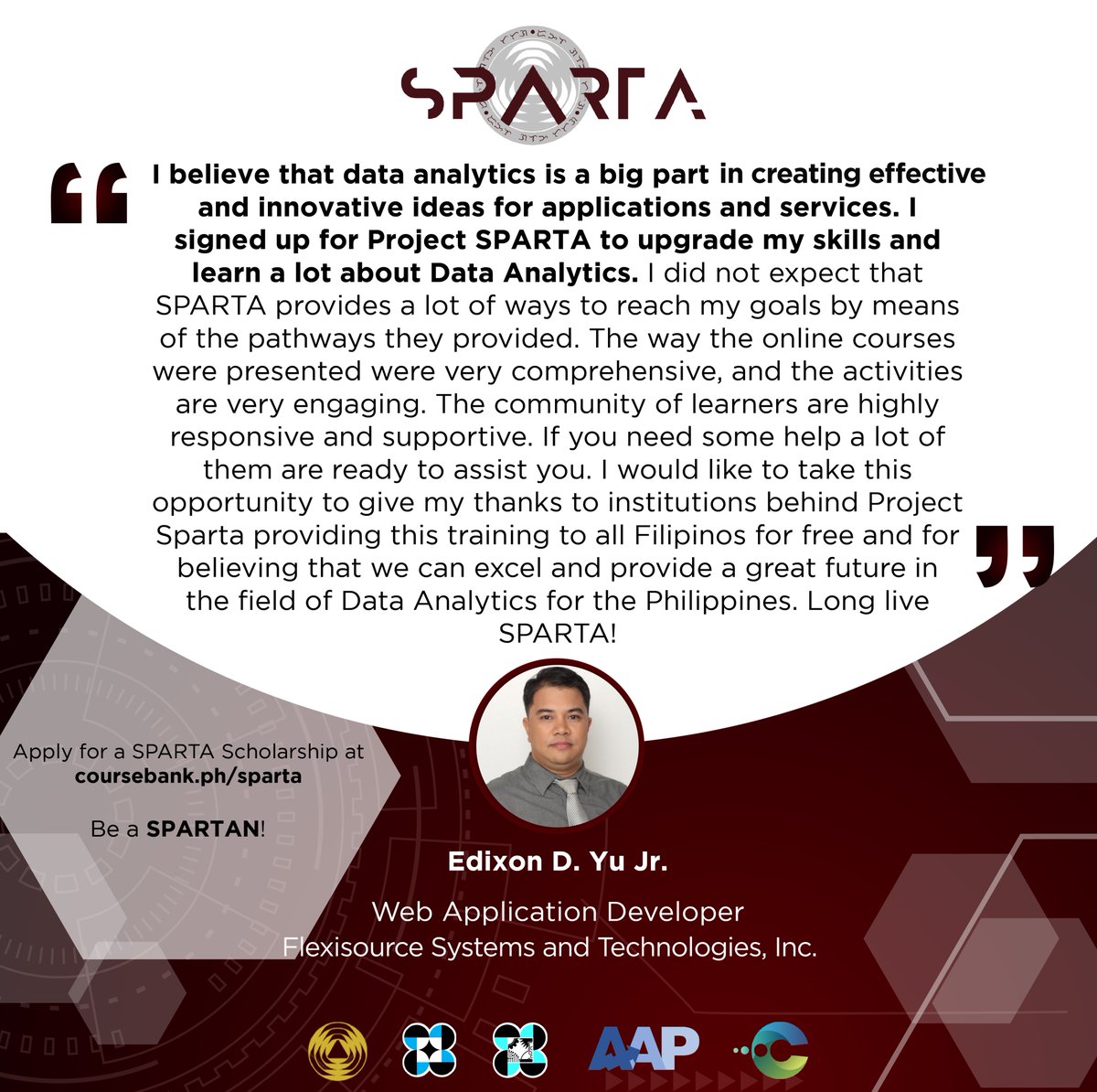 dostpcieerd's tweet image. A web application developer believes that Filipinos can excel and have a great future in the field of data analytics through Project SPARTA! Read the rest of his testimonial below.

Visit sparta.dap.edu.ph to learn more about Project SPARTA.

#projectSPARTA
#DataSciencePH