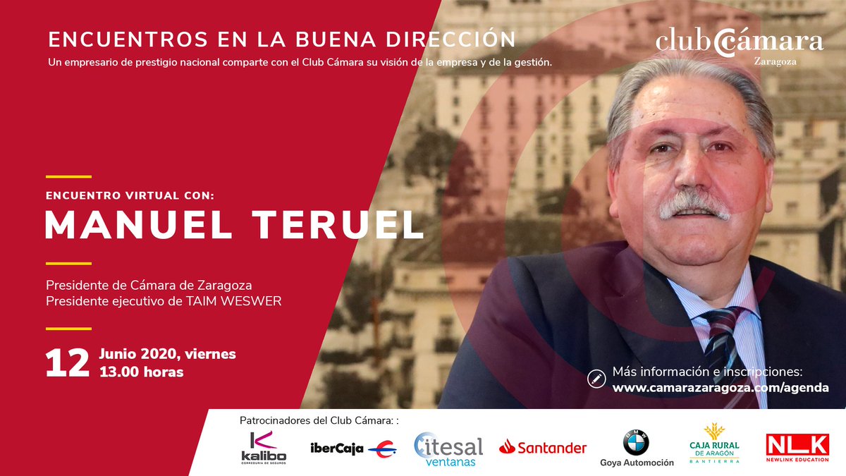 La actividad vuelve poco a poco a <a href="/camarazaragoza/">Cámara Zaragoza</a>, de momento de forma semipresencial. Este viernes Manuel Teruel, presidente de <a href="/camarazaragoza/">Cámara Zaragoza</a> y <a href="/taimweser/">TAIM WESER</a>, será el protagonista de un encuentro virtual para dar a conocer su visión empresarial. Apúntate.
bit.ly/2XOVCJu