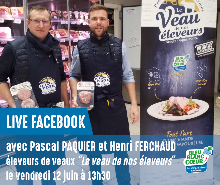 📣 Nous serons en live vidéo avec <a href="/PascalPaquier/">Paquier Pascal</a> et <a href="/HenriFerchaud/">Henri Ferchaud</a> ce vendredi 12 juin à 13h30 sur #Facebook ➡ facebook.com/BleuBlancCoeur/
Ils sont éleveurs de veaux #BleuBlancCoeur au sein de la <a href="/CoopCevap/">Cooperative CEVAP</a> et ont créé leur marque <a href="/LeVeaudenoselev/">LeVeaudeNosEleveurs</a>.
Venez leur poser vos questions 😉