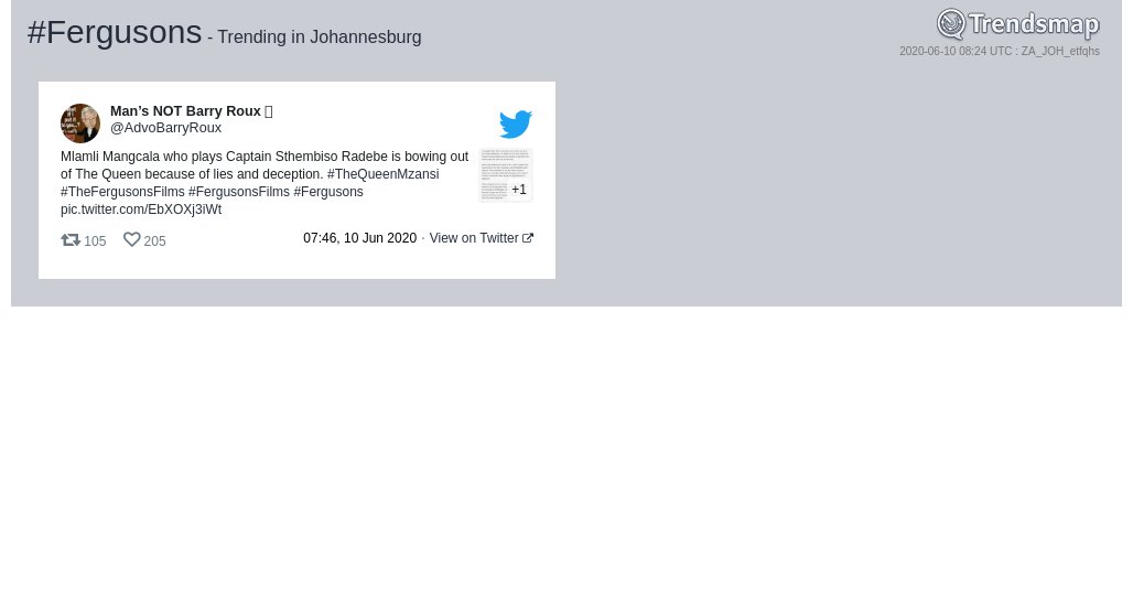 TrendsJoBurg's tweet image. #fergusons is now trending in #Johannesburg

trendsmap.com/r/ZA_JOH_etfqhs