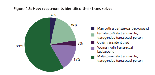 Here is the sex data.Of course it's not presented as sex data, but in terms of gender identification.But we can work out from adding 'MTF trans person' to 'Woman with a transsexual background' that at least 74% of the respondents were male.