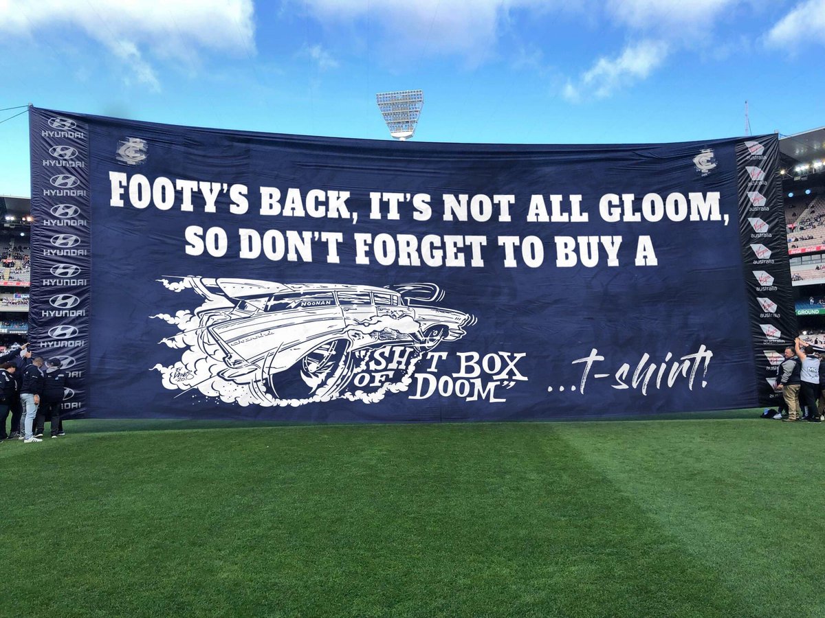 Great news – <a href="/AFL/">AFL</a> is back! Carn’ the Mighty <a href="/CarltonFC/">Carlton FC</a> Blues!

Greater news – 2020 Sh*tBox of Doom t-shirts 4 🦘&amp; 🥝 fans now shipping frm Oz, ✂️ postage 💰! ORDER HERE: bit.ly/2XCx866

#ShitboxOfDoom #nhra #afl #Blues