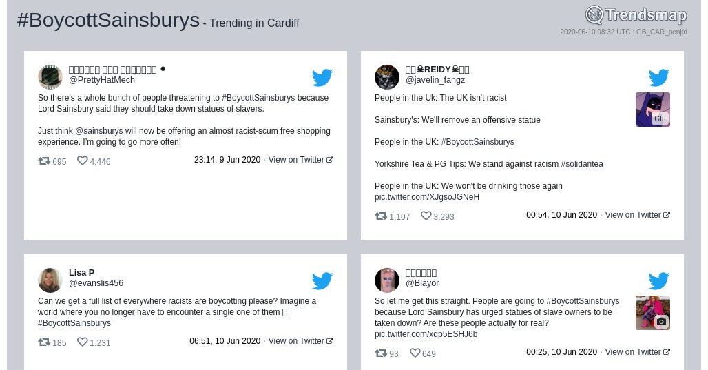 #boycottsainsburys is now trending in #Cardiff

trendsmap.com/r/GB_CAR_penjfd