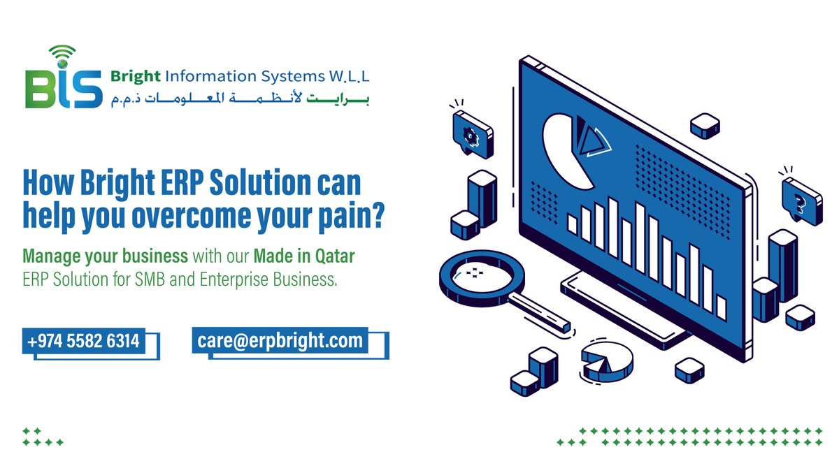 BIS_Qatar's tweet photo. How Bright ERP Solution can help you overcome your pain? Manage your business with our Made in Qatar ERP Solution for SMB and Enterprise Business.
To know more contact us:
π+974 5582 6314 βοΈcare@erpbright.com
#BIS_Qatar #Qatar #ERP_Solutions #ERP_Software #Doha #SMB #business https://t.co/r2nPHGoc0b