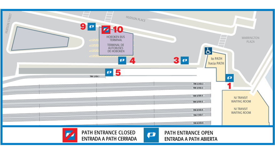 PATHTrain's tweet image. Attn: Please refer to the map below. PATH Hoboken Station entrance/exit 10 will partially close @ 6 AM Wed, 6/10 &amp;amp; will reopen @ 3 PM. Please use adjacent entrances/exits during the closure.