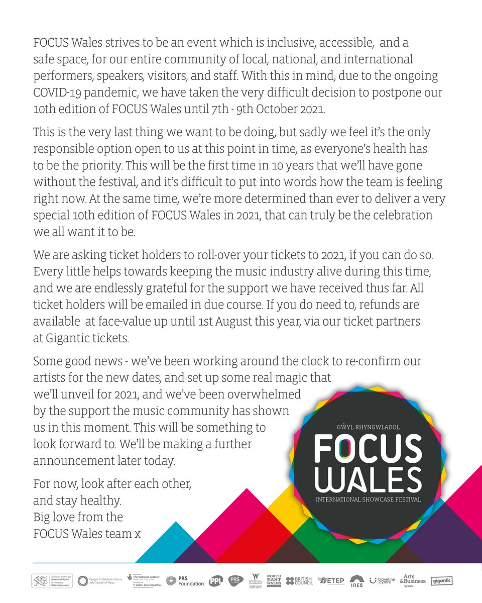 We're so sad to be announcing that our 10th edition of FOCUS Wales must be postponed until 2021. Please read the post for more information. 

Big love from the FOCUS Wales team x
