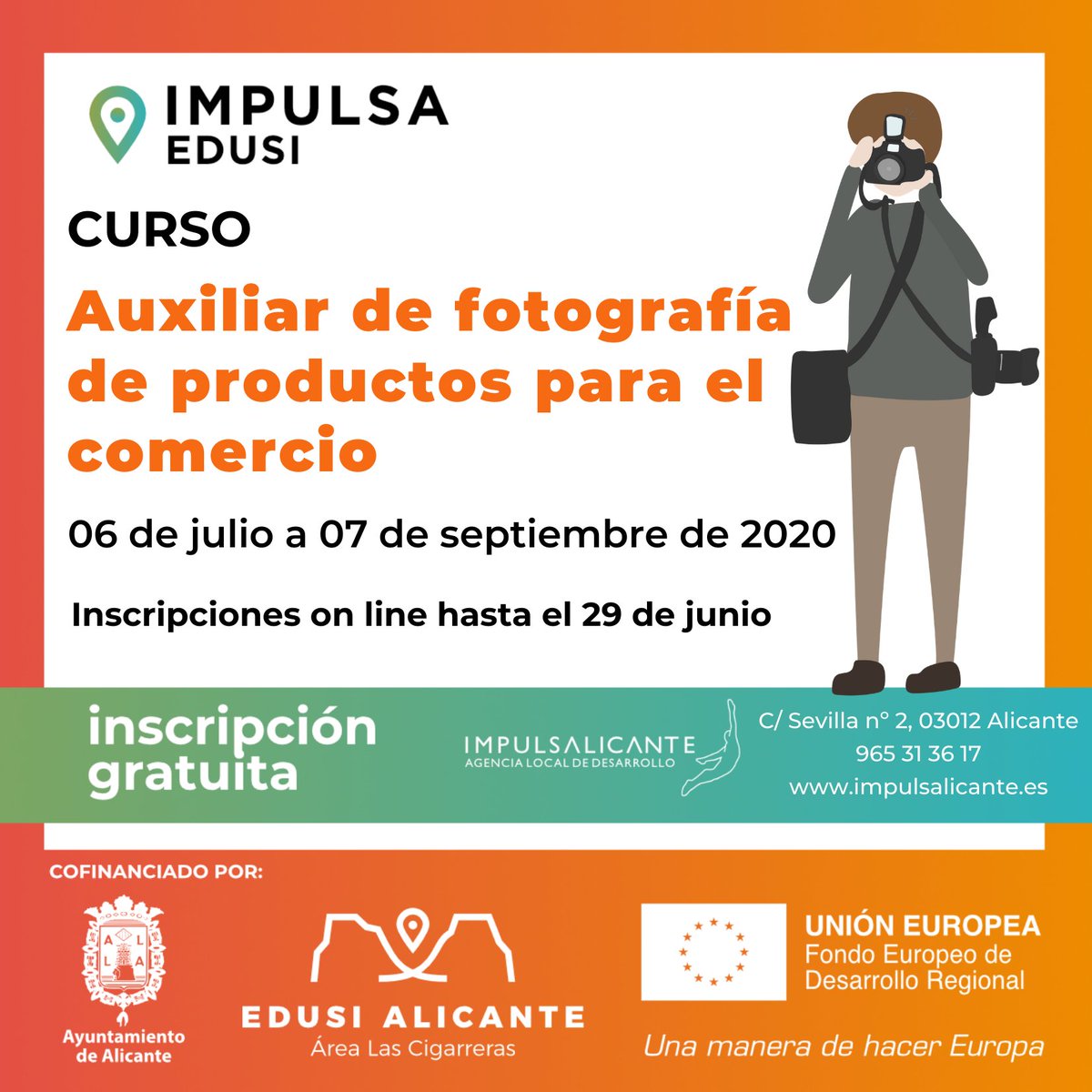 ¿Te gusta la fotografía?📷 ¿Quieres aprender una profesión de futuro?
En el servicio de empleo de <a href="/AlicanteEdusi/">Edusi Alicante</a> vamos a poner en marcha un curso de
AUXILIAR DE FOTOGRAFÍA DE PRODUCTOS PARA EL COMERCIO ONLINE
Inscripción abierta hasta 29/06 
+info 🔜 bit.ly/3hgjlKj