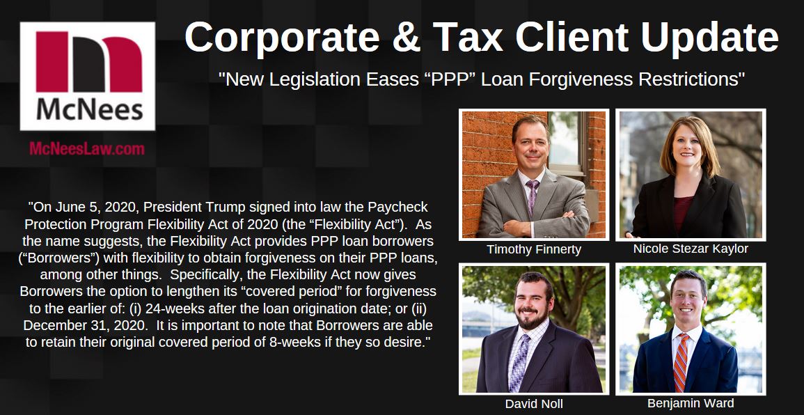 McNeesLaw's tweet photo. #McNees attorneys Timothy Finnerty, Nicole Stezar Kaylor, David Noll and Benjamin Ward write "New Legislation Eases “PPP” Loan Forgiveness Restrictions" https://t.co/vIYqhRYKY8 #covid19recovery https://t.co/5zYw5PP6PI
