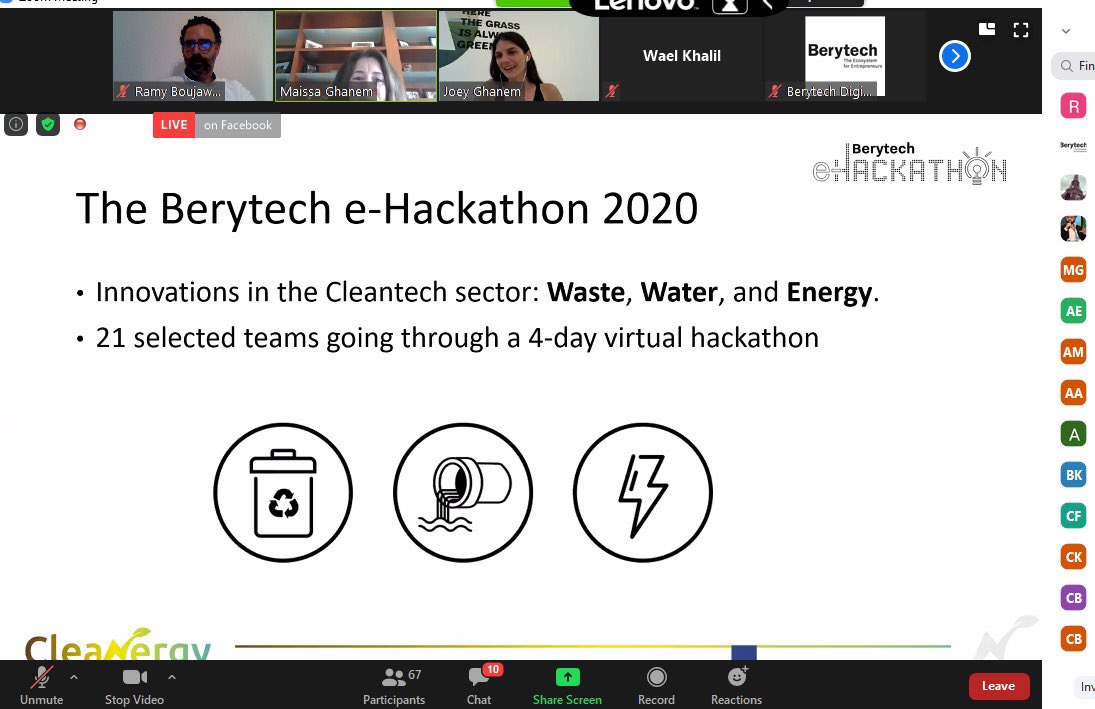 berytech's tweet photo. #berytechHackathon: Kicking Off our First E-Hackathon! 65 Participants! 21 Teams! Thank you for all who are leading the #cleanergyProgram, supported and supporting its success! let us make a difference! @RBoujawdeh https://t.co/oVjsH0pMQW