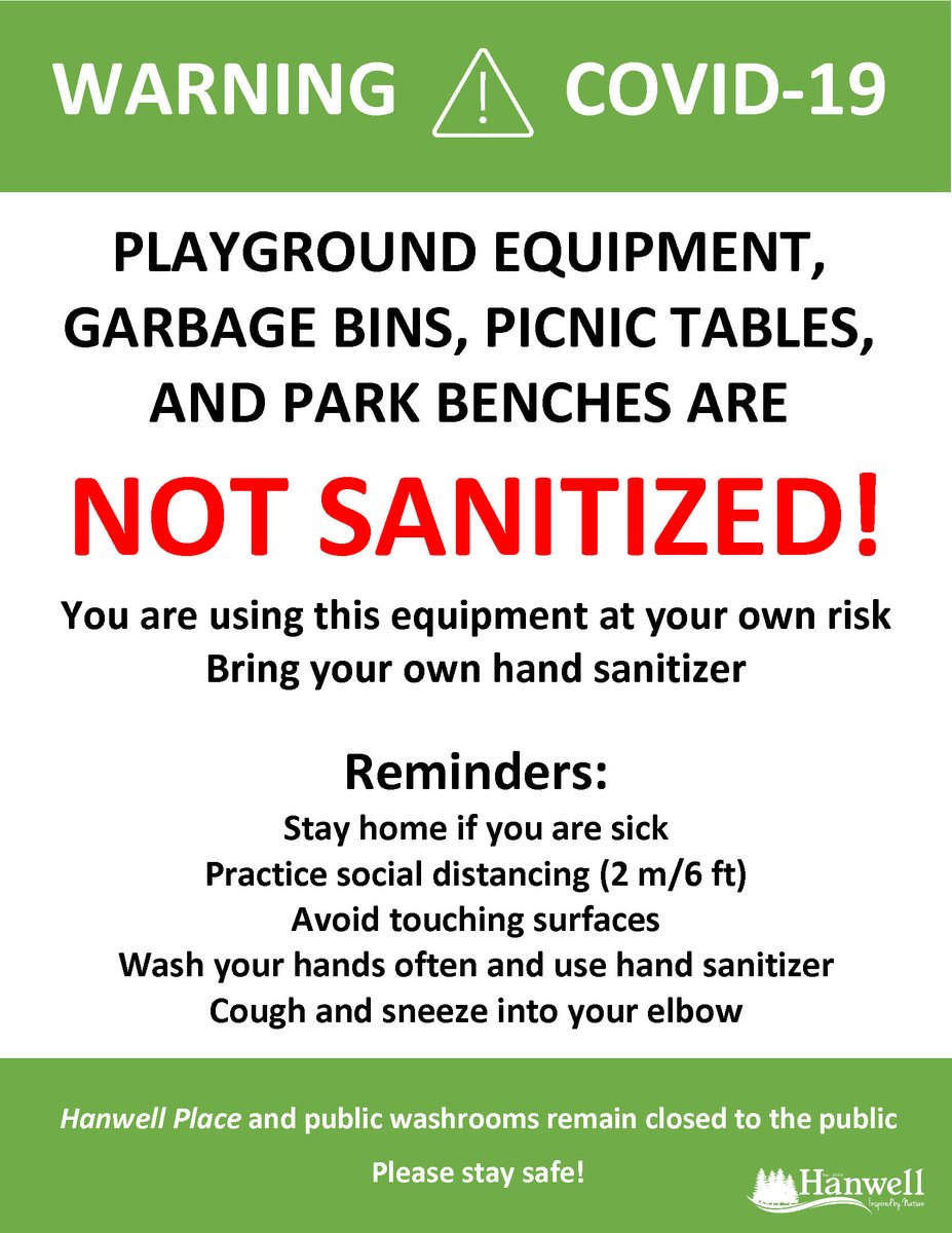 Hanwell Park Playground will open today, however please note the signs that will be posted throughout the area. Play/use at your own risk.  Please practice safe hygiene habits and bring your own hand sanitizer. The washrooms and Hanwell Place remain closed to the public. Thanks.