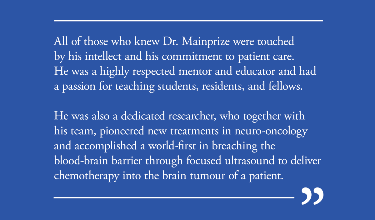 Sunnybrook's tweet photo. We are deeply saddened to share with you that Dr. Todd Mainprize, Division Head of Neurosurgery at Sunnybrook, died Tuesday. We would like to share our sincere condolences on behalf of the entire Sunnybrook team, to his family, friends, and colleagues.

https://t.co/yOHmYbWWIX https://t.co/4YuYVcncPc
