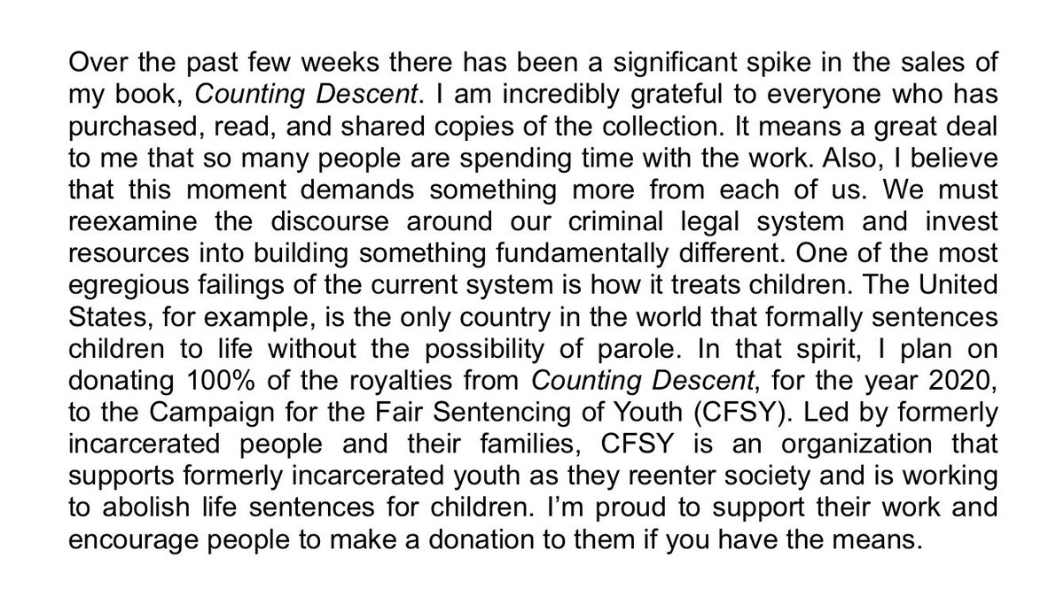 ClintSmithIII's tweet photo. I’ll be donating 100% of my 2020 royalties from Counting Descent to the Campaign For the Fair Sentencing of Youth (@theCFSY). A note below: https://t.co/znW3kjLII5