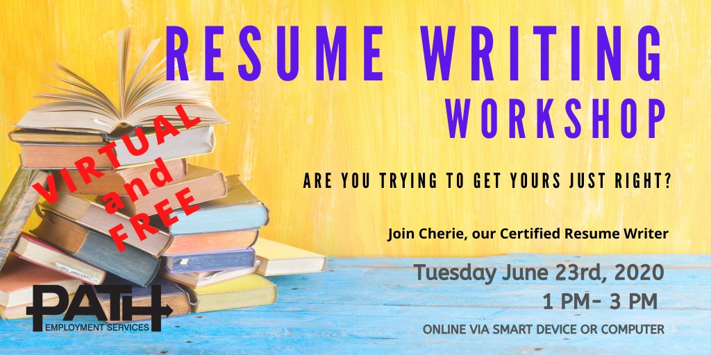 FREE virtual RESUME WRITING WORKSHOP with a Certified Resume Writer. Facilitated through Zoom.

Your resume is key! Make your resume stand out from others... especially when applying online.

Register 905-528-6611 or reception@pathemployment.com

Tuesday June 23rd 1pm-3pm.