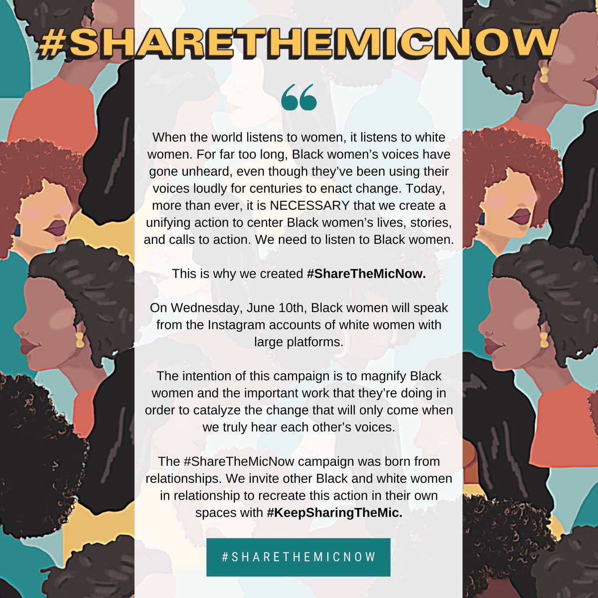 ChelseaClinton's tweet photo. Today, more than ever, it is vital that we listen to Black women and center Black women’s lives, stories, and calls to action in this moment. That’s why @iLuvvit @badassboz @GlennonDoyle &amp; Stacey Bendet created #ShareTheMicNow https://t.co/UpfD1FIKtt